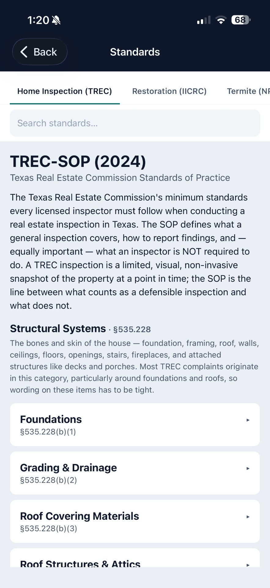 TREC Standards of Practice reference, searchable in-app