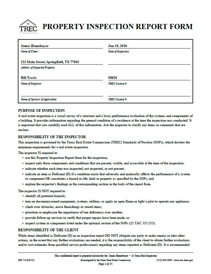 Property Inspection Report Form, definitions page