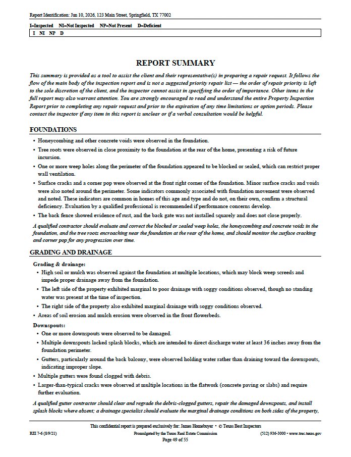 Report summary page