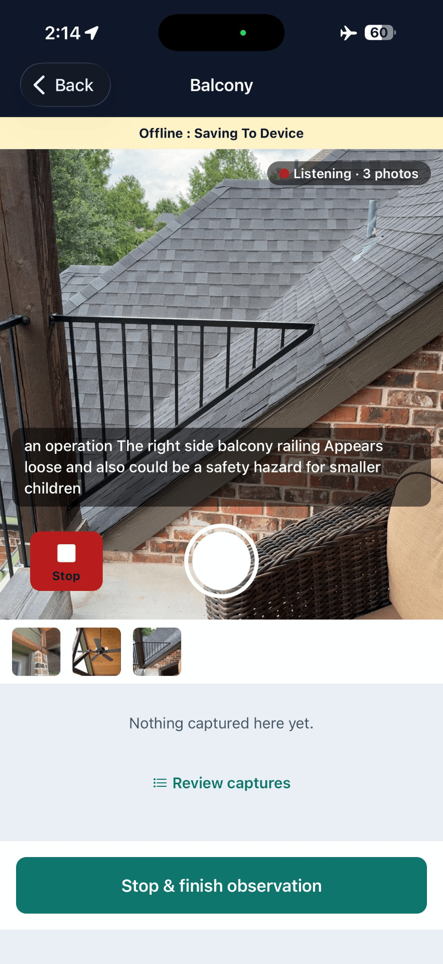 Offline: saving to device banner during a live capture