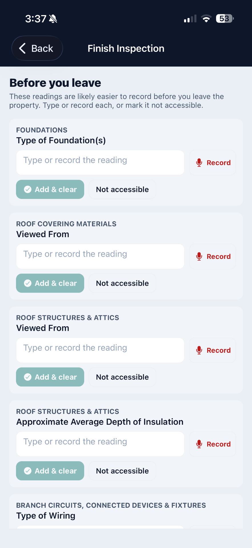 Finish Inspection - Before you leave readings checklist