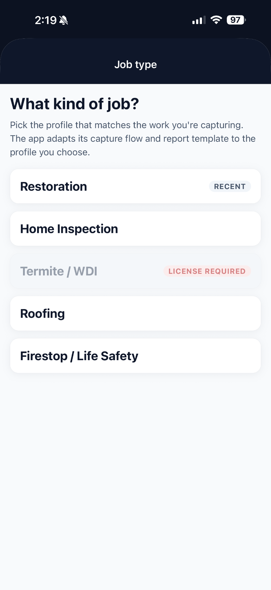 Doxvora job type / discipline picker